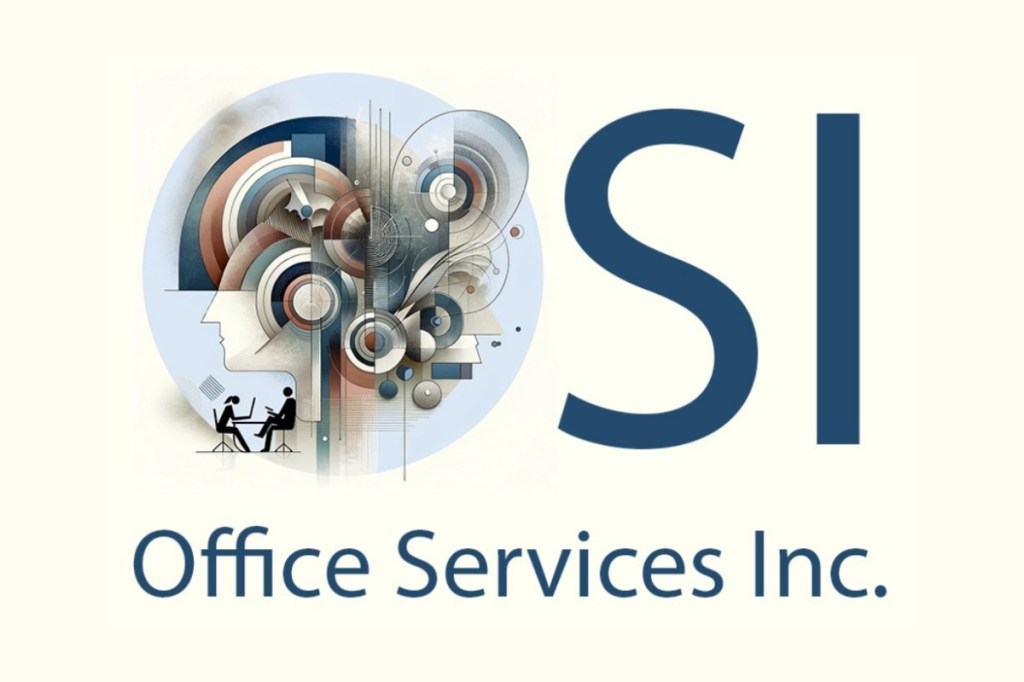 Logo of Office Services Inc. featuring the letters 'OS' in blue and an abstract graphic of two people at a desk with colorful shapes and patterns representing ideas or collaboration.